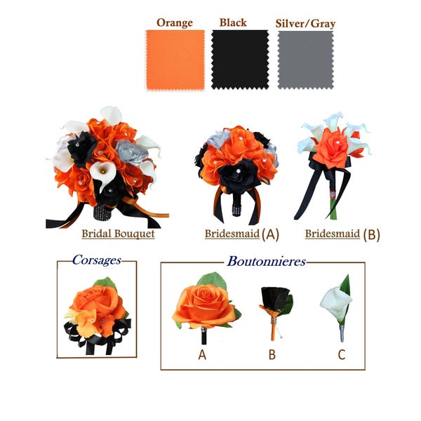 Build your wedding package-Keepsake Artificial rose calla lily Bouquet Corsage Boutonniere Orange Black Gray-Pick style and Ribbon colors