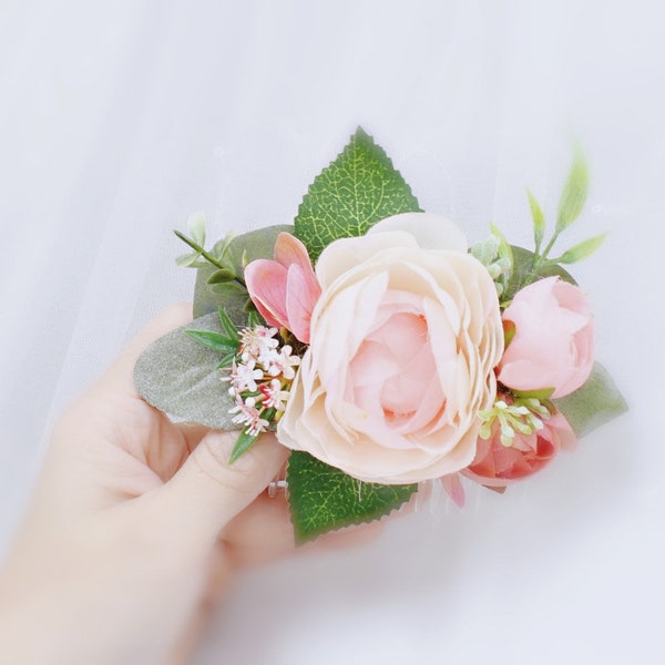 Ranunculus Flower hair comb headpiece fern Eucalyptus lambs ear wedding bridal hair piece dusty pink blush miller