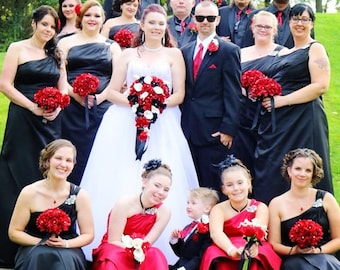 Build wedding package-Red, Black, White Rose calla lily bouquet corsage boutonniere rose pomander pew