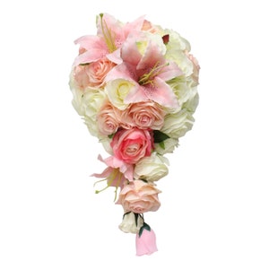 Cascading Bouquet-Ivory Shades of pink lily rose bouquet keepsake artificial flowers image 1