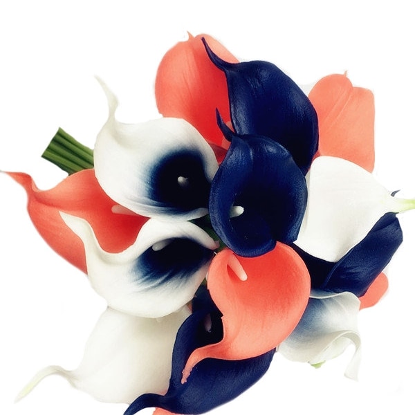Navy Blue and Coral Roses with White Calla Lilies - Artificial Bouquet boutonniere corsage build your wedding package