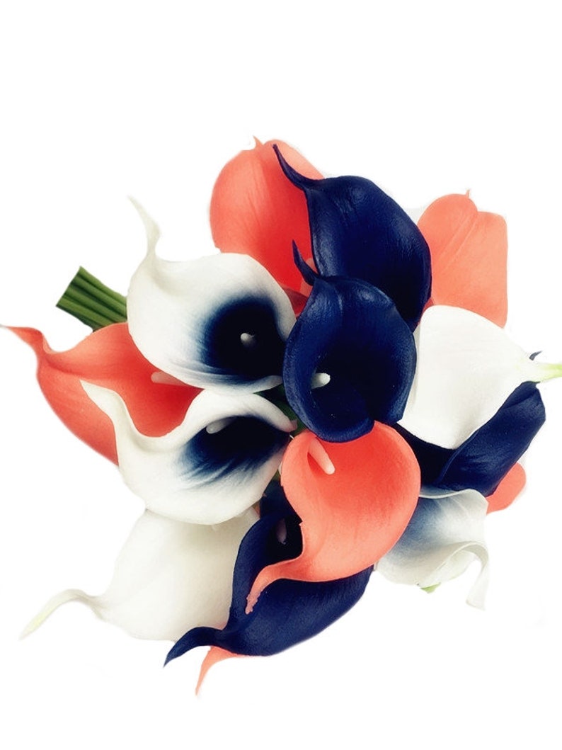 Navy Blue and Coral Roses with White Calla Lilies - Artificial Bouquet boutonniere corsage build your wedding package 