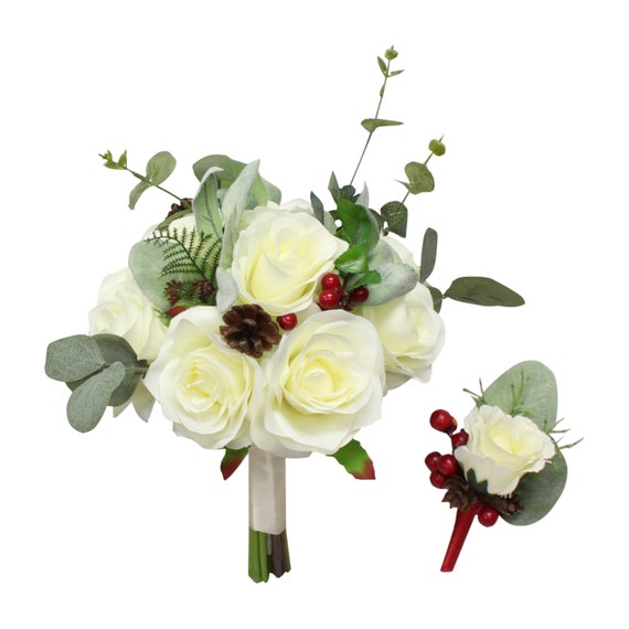 Lamb/'s Ear Leaves Ivory Rosebud with Pine Cones Berries Winter Boutonniere