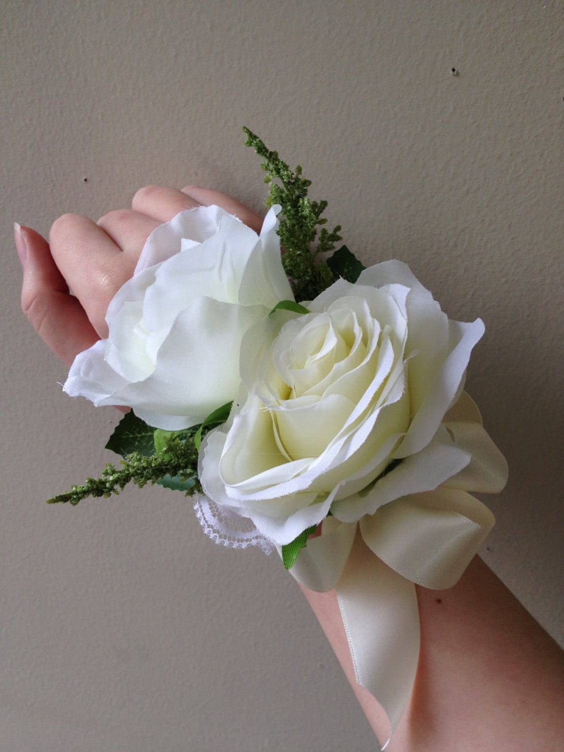 Wrist Corsage:Ivory silk flowers with greeneryRibbon color | Etsy White And Baby Blue Corsage
