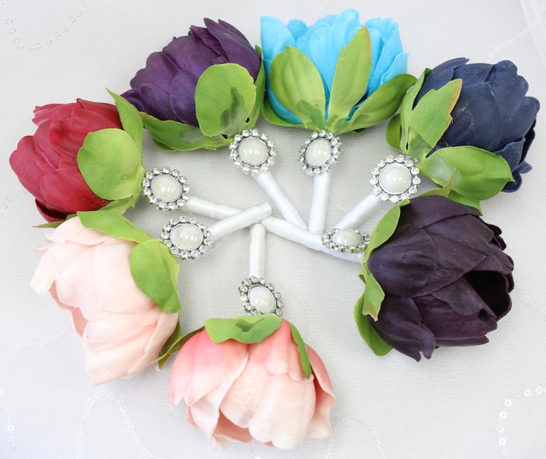 turquoise Boutonniere-Real touch faux keepsake peony-choose color plum white blush purple,spft pink light coral