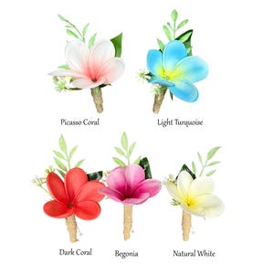 May include: Assortment of colorful artificial flower boutonnieres. The image displays five different flower arrangements in shades of Picasso Coral, Light Turquoise, Dark Coral, Begonia, and Natural White. Each boutonniere includes green leaves and a burlap-wrapped stem.