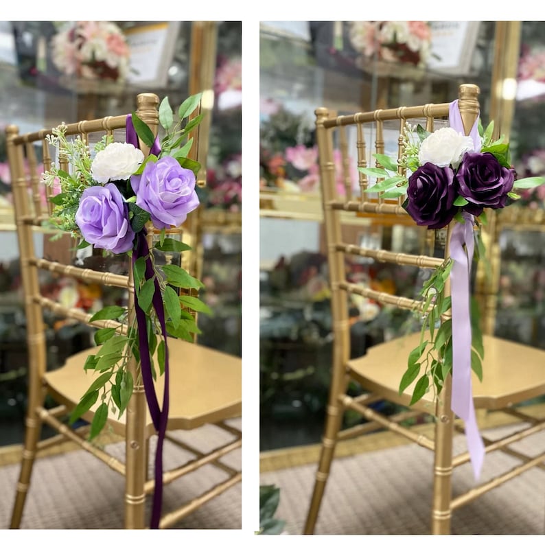 Purple-themed wedding ceremony supplies - lavender plum pew flowers