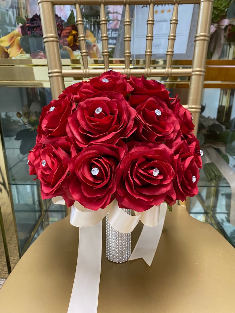 Elegant Red rose Bouquet with rhinestoneswedding silk