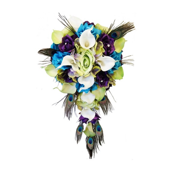 White and Purple Artificial Arrangement 2-Shade Teal/Jade Angel Isabella Cascade Wedding Bouquet White and Purple Artificial Arrangement 2-Shade Teal/Jade Angel Isabella Cascade Wedding Bouquet