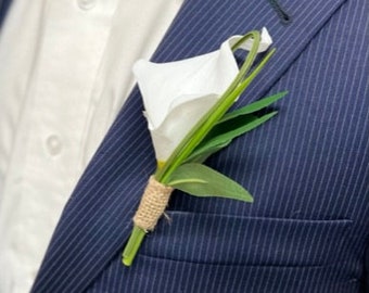 Real touch Calla Lily Boutonniere-Choose ribbon Color-keepsake artificial soft touch Calla lily with natural fillers, pin included