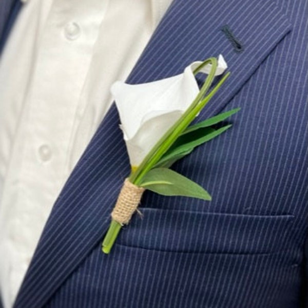 Real touch Calla Lily Boutonniere-Choose ribbon Color-keepsake artificial soft touch Calla lily with natural fillers, pin included