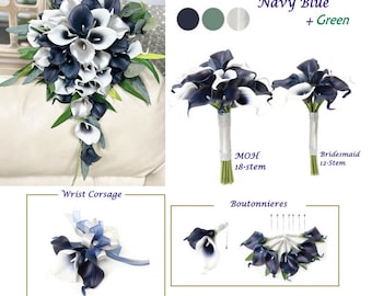 Build your wedding package-Soft real touch lifelike artificial calla lily cascade bouquet corsage boutonnieres Picasso Navy Silver Green