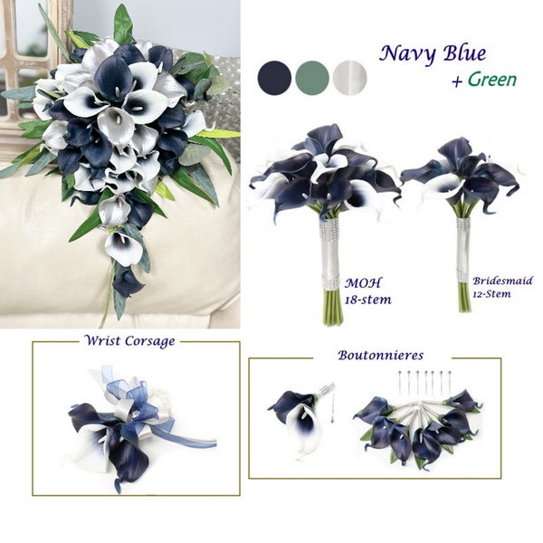 Build your wedding package-Soft real touch lifelike artificial calla lily cascade bouquet corsage boutonnieres Picasso Navy Silver Green