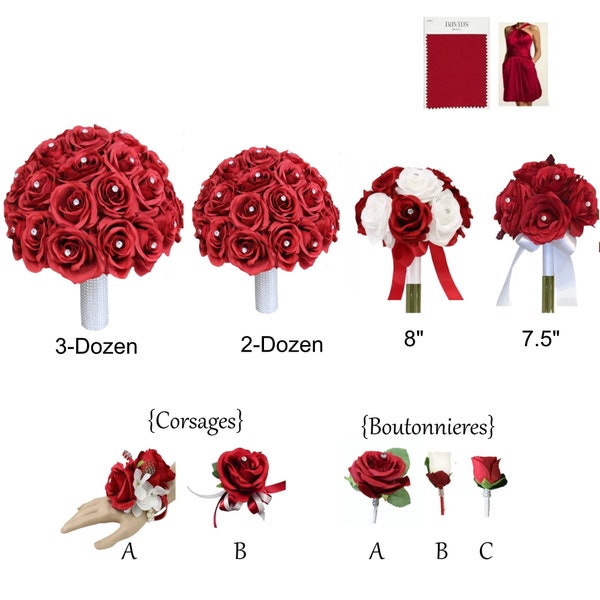 Build your wedding package- Different sizes styles of bouquet corsage boutonniere apple red white silver