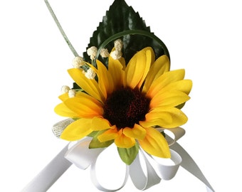 Corsage-Artificial Sunflower baby breath-PICK RIBBON COLOR