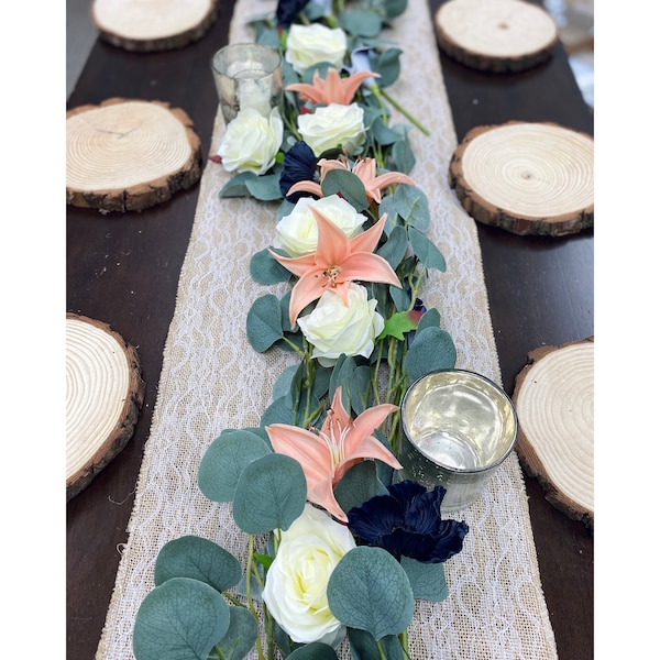 6 Pied long table pièce maîtresse cheminée arc escalier artificiel gris vert Eucalyptus guirlande Real touch lily poppy soie rose