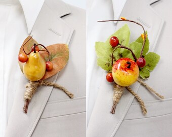 Boutonniere - Fall boutonniere rustic apple pear maple berry twine wrapped pin included