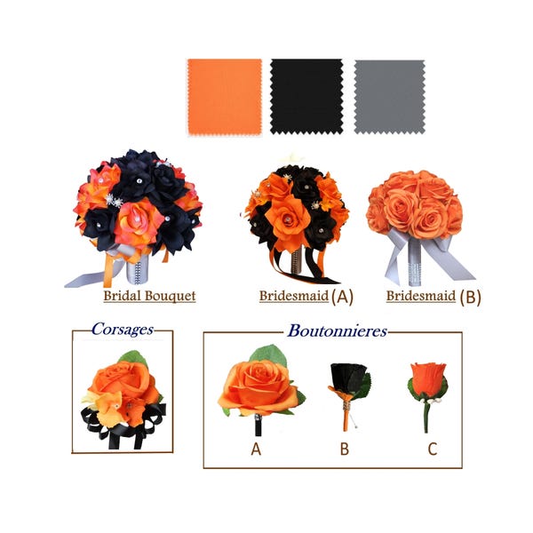 Build your wedding package-Keepsake Artificial flowers Bouquet Corsage Boutonniere Orange Black Gray-Pick style and Ribbon colors