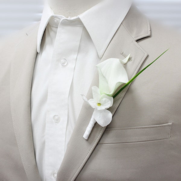 Pick style of boutonniere and ribbon color-keepsake artificial quality calla lily boutonniere prom event meeting dance