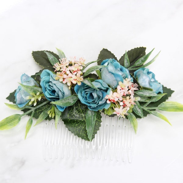 Artificial flowers hair comb headpiece Bridal hair piece wedding flowers Teal blue pink lambs ear rustic boho chic barn beach