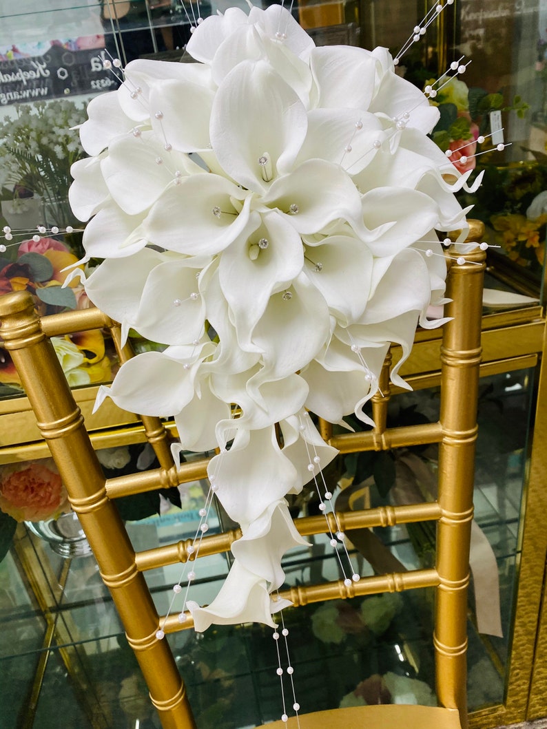 Stunning bridal cascade real touch calla lily pearl sprays jewel center wedding keepsake flower image 1