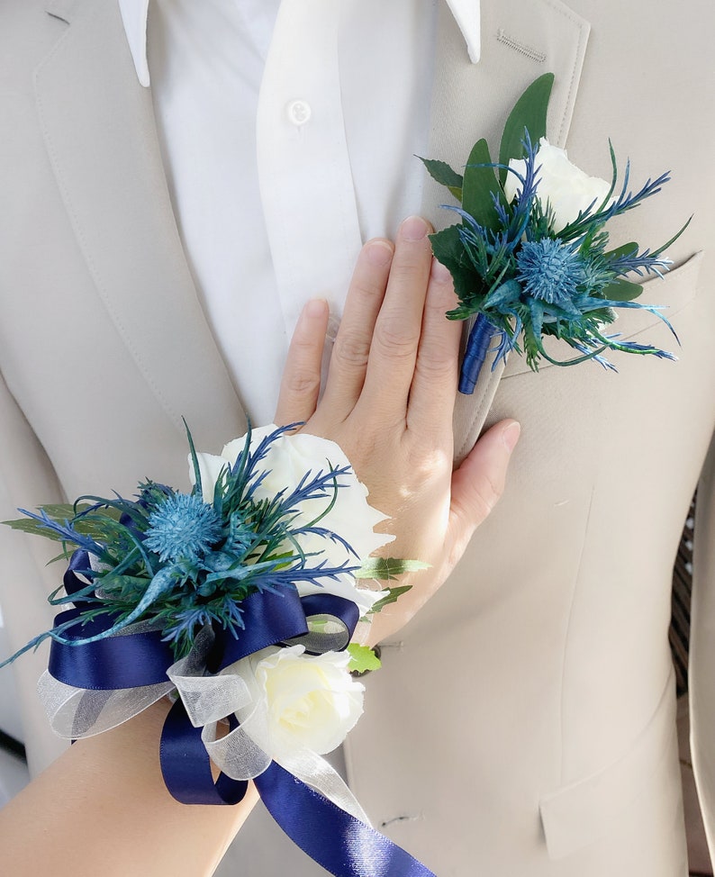 Set Wrist Corsage and Boutonniere-cream rose blue thistle-Pick image 1