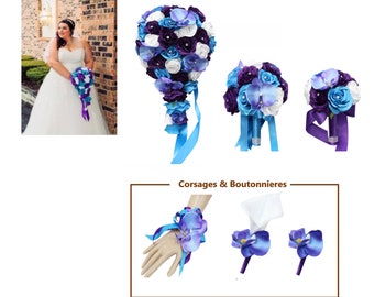 Build your wedding package-Keepsake artificial silk flowers Malibu Turquoise Blue purple lavender bouquet corsage orchid roses