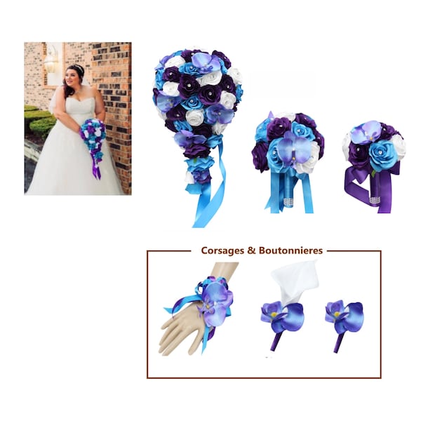 Construisez votre forfait mariage-Souvenir fleurs en soie artificielle Malibu Bleu Turquoise violet lavande bouquet corsage orchidée roses