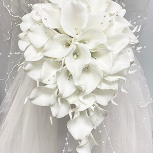 Stunning bridal cascade real touch calla lily pearl sprays jewel center wedding keepsake flower image 3