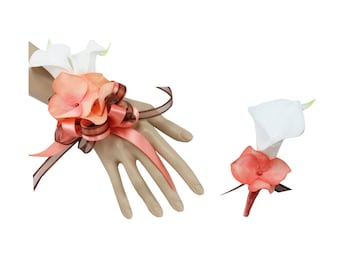 Corsage and Boutonniere Set - Artificial Keepsake Calla Lily and Hydrangea in Peach Coral Reef Brown Color Theme