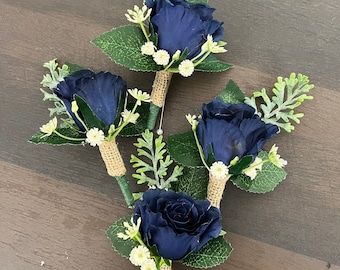 Boutonniere-Rustic Wedding prom homecoming Silk Flowers Rosebud Eucalyptus Fern Buttonhole baby breath burlap stem