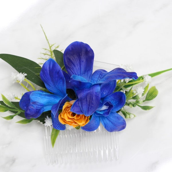 Artificial flowers hair comb headpiece Bridal hair piece wedding flowers real touch Galaxy orchid royal blue orange beach wedding