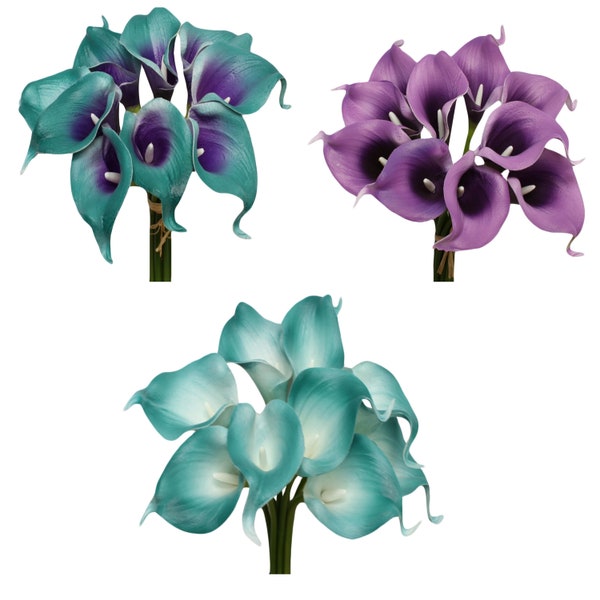 Pack of 10-Blue Teal Purple Lavender real touch calla lilies Eco Friendly long lasting water submerge