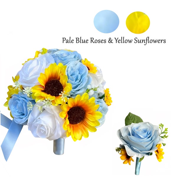 Build your wedding flower package- Baby pale blue White Sunflower keepsake bouquet corsage boutonniere