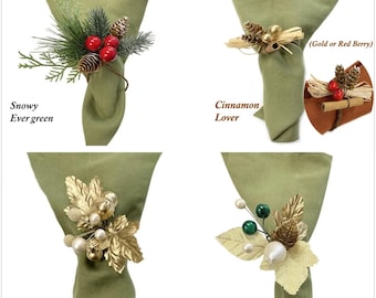 Ronds de serviette en boîte - Collection inspirée de la nature pour les Fêtes - Décoration de fête des Fêtes métallisée enneigée, pomme de pin, pays des merveilles