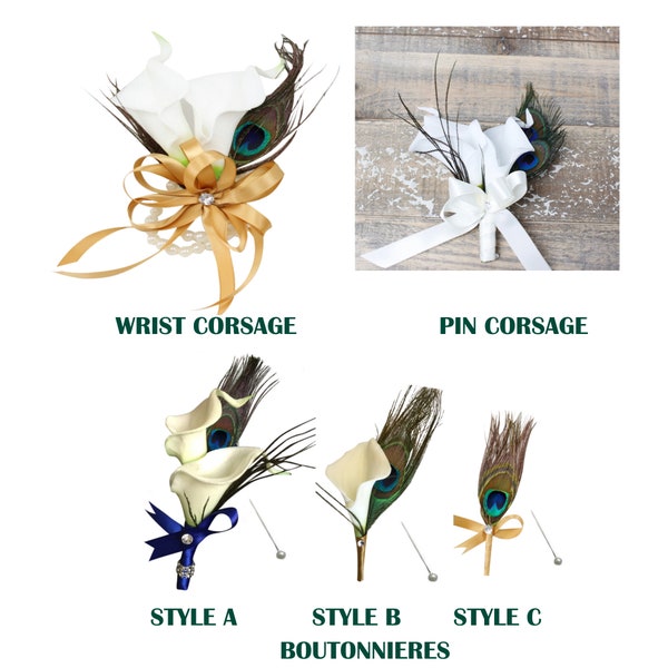 Calla lily Peacock feather arrangements-corsage boutonniere choose ribbon color