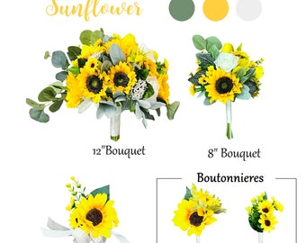 Build your wedding package-Sunflower Lambs Ear Eucalyptus Bouquet corsage boutonniere -PICK RIBBON COLOR