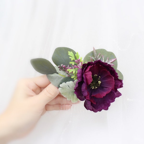 Faux plum green hair comb boutonnière headpiece Bridal hair piece wedding flowers rose rustic barn outdoor wedding flowers