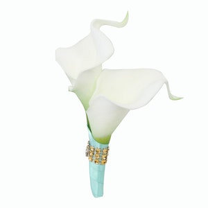 Boutonniere-Real touch live-like artificial calla lily ribbon wrapped stem bling choose ribbon color