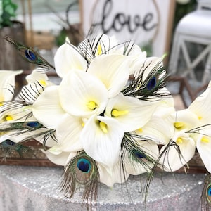 Zbuduj pakiet ślubny - Real Touch Calla Lily Peacock Feather - Bukiet Boutonniere Corsage