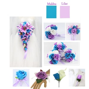 Angel Isabella USA-Pick product to build your wedding package-Malibu Turquoise Lilac White cascading bouquet corsage boutonnieres