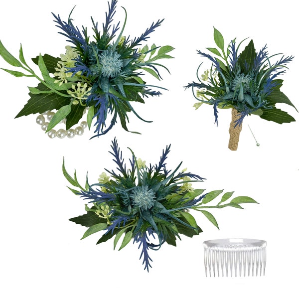 Natural Blue Thistle-artificial elegant event Corsage Boutonniere Flower Comb Navy Blue