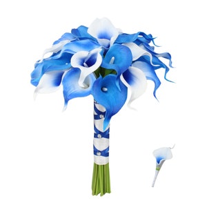 Real Touch calla lily bouquet Boutonniere Corsage-shades of Royal blue horizon Blue Picasso Royal Blue