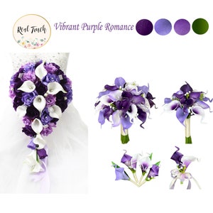 Build your wedding package-Elegant Shades of purple wedding flowers Bouquet corsage boutonniere pew flowers real touch calla lily