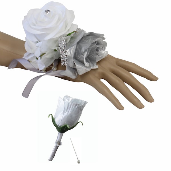 Metallic Silver-keepsake artificial wrist corsage, Boutonniere-silver grey ribbon