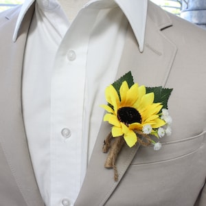 Rustic artificial boutonniere-sunflower baby  breath burlap ribbon twine bow-pin included