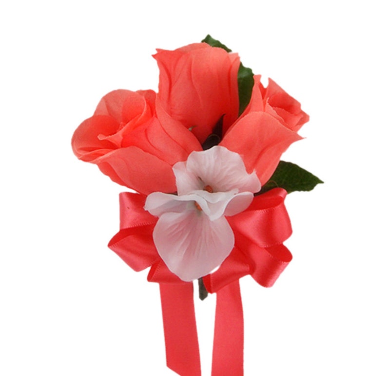 Pin corsage-Coral roses with white hydrangea accents Color can be changed Coral ribbon bow