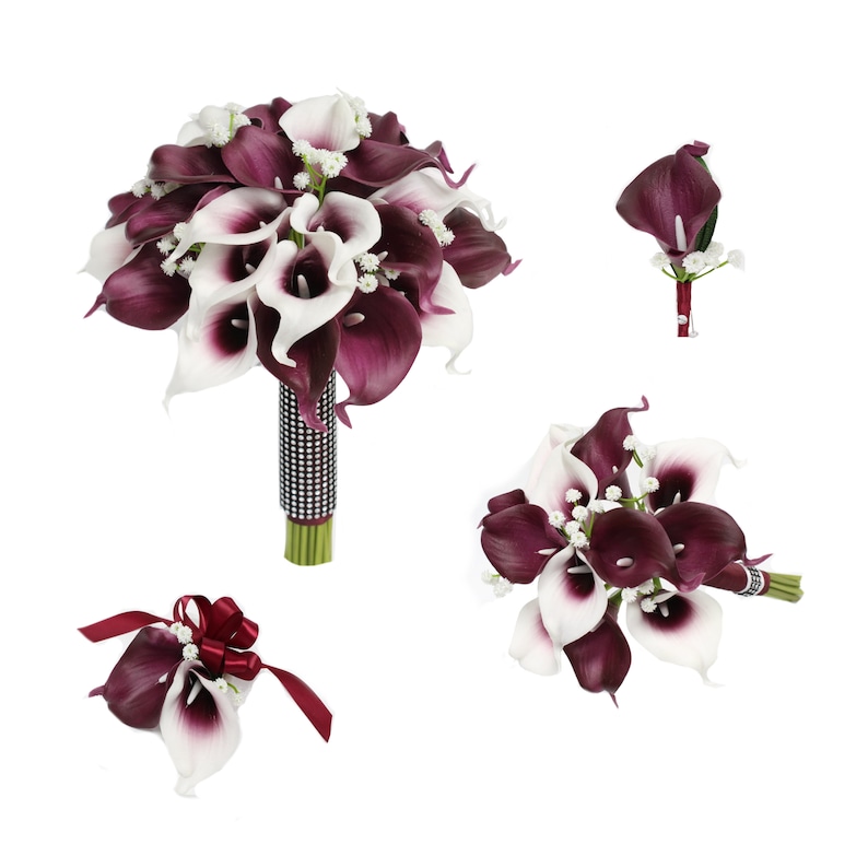 Keepsake live-feel real touch burgundy calla lily baby breath bouquet corsage and boutonniere 