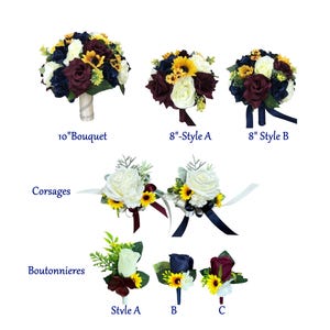 Stel je bruiloft samen – kunstbloemenset met bordeaux, marineblauwe rozen, zonnebloemboeketten, corsages boutonnières