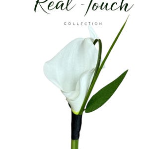 Real touch Calla Lily Boutonniere-Choose ribbon Color-keepsake artificial soft touch Calla lily with natural fillers, pin included